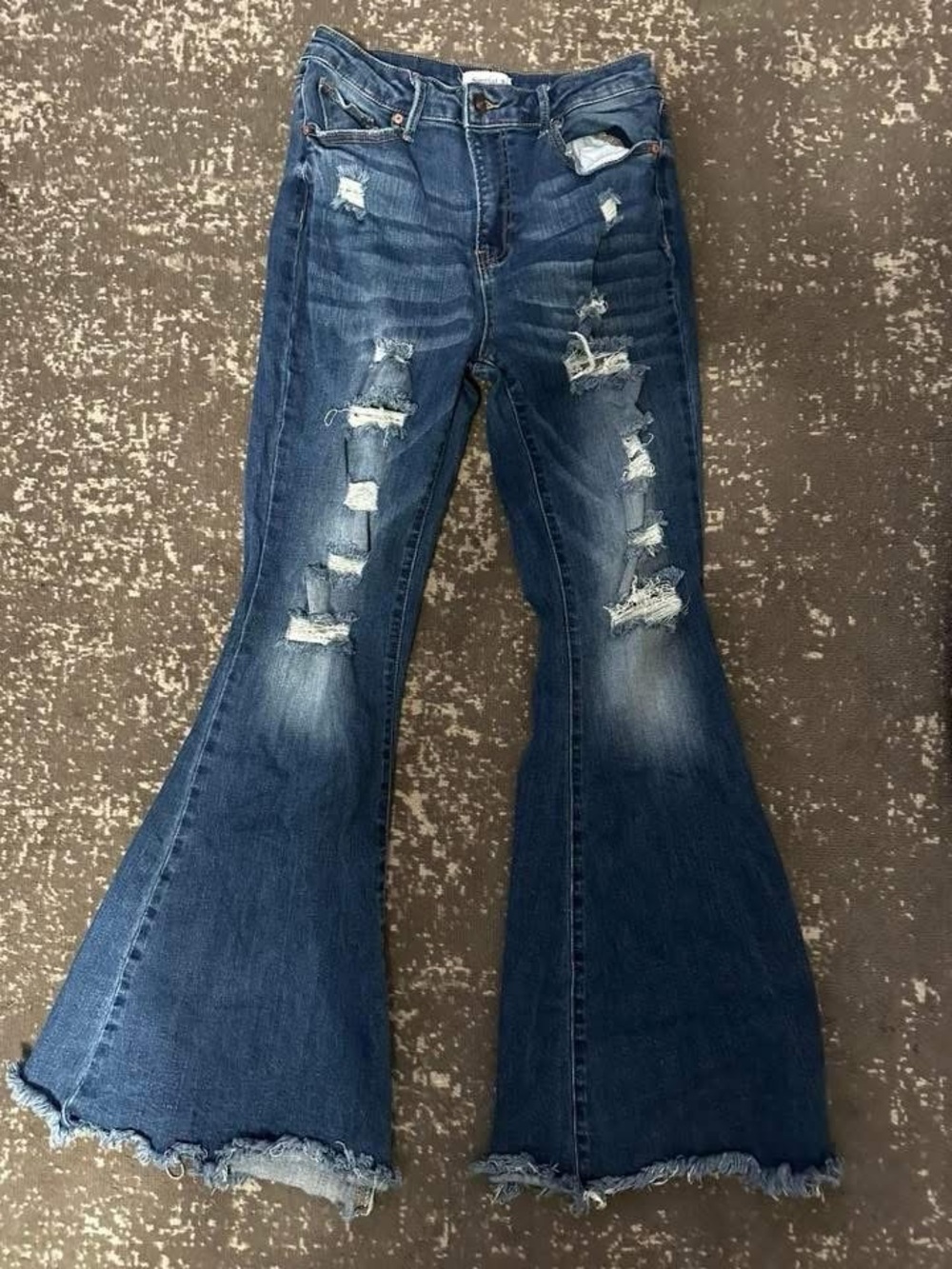 High-Rise Dark Blue Distressed Flare Jeans